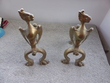 Antique British Old Stylish Solid Brass Griffin Andirons Firedogs