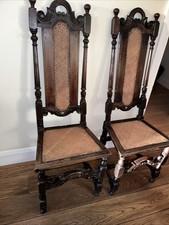 Pair English 17th Century Carved Walnut William & Mary Caned Chair c. 1690 E
