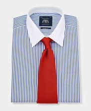 Savile Row Company Men's Classic Fit Blue Bengal Stripe Double Cuff Formal Shirt