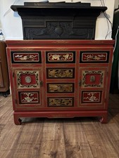 Vintage Chinese Red Lacquer Cabinet – Gilded Chinoiserie Style