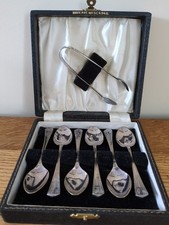 Set of 6 Teaspoons and Sugar Tongs Antique Silver Plated