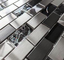 Black Crackle Glass Brushed Steel Silver Metal Brick Rectangle Mosaic Wall Tiles