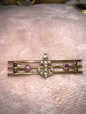 18 Ct Gold Maritime Bar Brooch With Pink Tourmaline And Seed Pearl . Stunning.