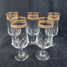 5 Cordial Lager Glasses Gold Tone Textured Frosted Band Rim 350ml Vintage