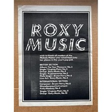 ROXY MUSIC MELODY MAKER POLL THANK YOU POSTER SIZED original music press advert 