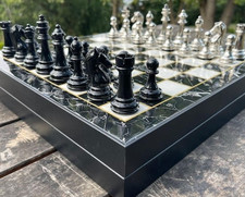 Luxury Chess Set with Storage 14.5" Marble & Wood Board Handmade, Christmas Gift