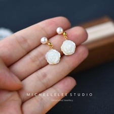 Dangling White Pearl Rose Earrings, Hand Carved Mother of Pearl Rose Earrings