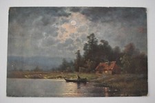 Postcard Art Lakeside Country Cottage Scene Moonlight Unposted 