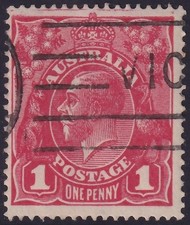 AUST KGV 1d RED SINGLE Wk. FLAW - 'COMPARTMENT LINES' + CROWN TOP. USED. (L572)