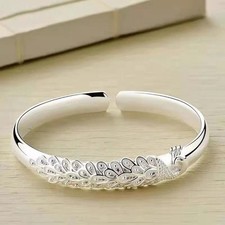 Solid 925 Sterling Silver Elegant Peacock Opening Bangle Cuff Bracelet UK NEW