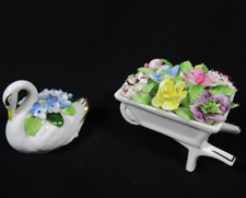 Lovely Vintage Royal Adderley Bone China Floral Posy Wheelbarrow & Swan Figurine