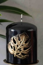 MONSTERA GOLDEN LEAF BLACK CANDLE - PILLAR or LEAF shape, decoration gift decor