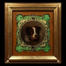 Antique 19th Century Unusual Reverse Glass Painting Portrait of a Dog Folk Art