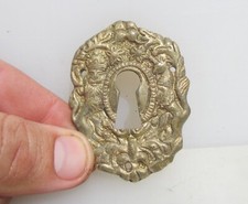 Vintage Brass Keyhole Cover Escutcheon Plate Old British Empire Crest Arms Lions