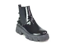 Ladies Black Ankle Boots Womens Shiny Chunky Heel Zip Up Studded Shoes Sizes 3-8
