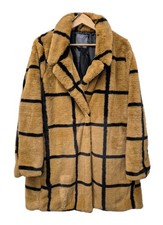 PAPAYA COAT UK18 L tan black faux fur check snap lined collar overcoat