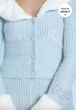 FOREVER 21 Hello Kitty & Friend S Small Blue Faux White Fur Cardigan Sweater New