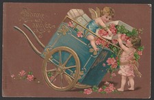 Old Embossed Postcard Cherubs with Cart Full of Gifts Flowers New Year