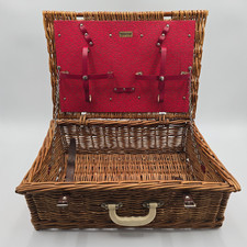 Vintage 1950s Brexton Wicker Picnic Hamper Basket – Red Interior, Leather Straps