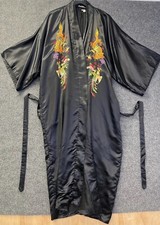 VTG embroidered black Chinese oriental kimono robe gown dragon bird flower