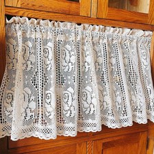 Rustic Farmhouse Hand Crochet Lace Curtain Valance Cafe Tiers Kitchen Rod Pocket