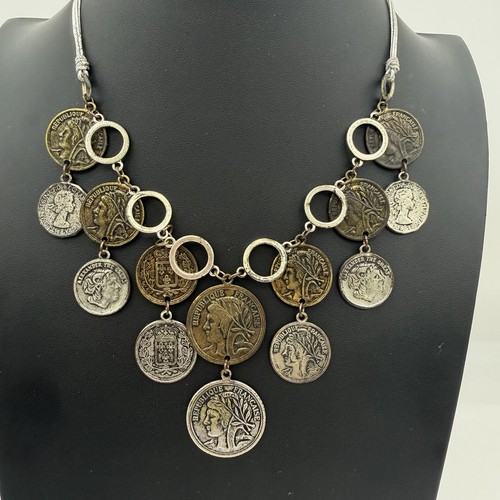 Vtg coin necklace bib cascade - coin,