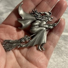 VINTAGE BROOCH JJ SIGNED LARGE WITCH on Broomstick Brooch  