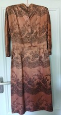 Ladies vintage 1950s peach copper black print rayon cocktail dress Size S