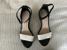 CLARKS Black Leather Ankle Strap With White Open Toe Shoe Size 7 - 8.5cm Heel