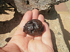 Hand Carved wood netsuke Toads play with lotus leaf , ironwood over 30 years old