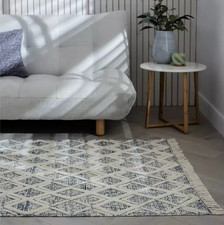 Habitat Printed Cream & Blue Cotton Flatweave Rug 170x120CM Bedroom Living Room