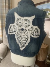 Upcycled Owl Denim Waistcoat  Lace Distressed Hippy Boho Artsy Whimsy OOAK Bird