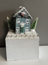 Handmade Blue Wooden Christmas Cottage In The Snow.