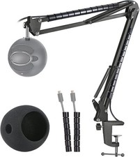 Blue Snowball Mic Stand with Windscreen - Suspension Boom Arm Black 