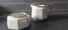 H J Wood Vintage White Pearl-Lustre Teapot Creamer Open Sugar Bowl