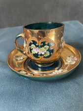 Czech Bohemian green glass demitasse tea cup saucer Vintage Antique Gilt Floral