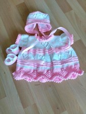 Handknit newborn baby dress bonnet shoes bright pink & multi coloured yarn showe