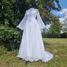 Vintage 1970s Lace Medieval Revival Trumpet Sleeve Wedding Dress 8-10 Handfast