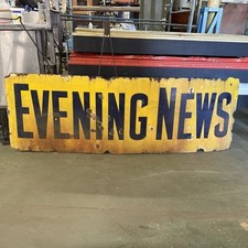 Vintage Genuine Large Yellow Enamel Evening News Advertising Sign