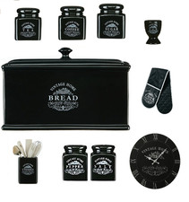 Vintage Black Ceramic Tea Coffee Sugar Jar Utensil Egg Holders Bread Glove Clock