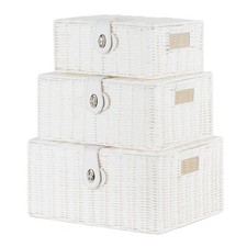 LIVIVO Set of 3 White Wicker Hamper Baskets with Lids and Handles Baskets