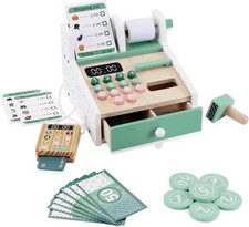 Wooden Cash Register Playset Pretend Role Play Xmas Birthday Gift Kids Toy