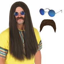 Men`s 1970s Brown Long Hippie + Wig Tash Glasses Adult Hippy Fancy Dress Costume