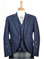 Blue serge wool Argyle jacket with waistcoat wedding kilt jacket