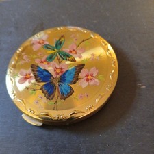 Powder Compact Enamel Butterfly Flower 8cm Vintage Mirror