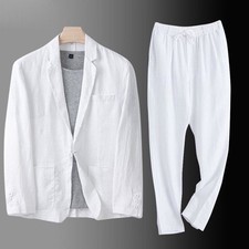 🥼New Mens Linen Suit Summer Causal Blazer+Pant set Coat Beach Jacket Lapel 2PCS