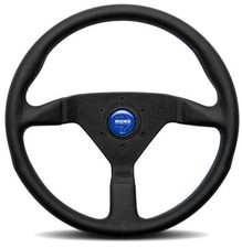 Genuine Momo Monte Carlo black leather 350mm steering wheel.  BLUE stitching.