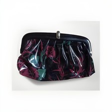Vtg Black Clutch Floral Pochette Handbag Consuelo Clasp 80’s Bakelite handle 