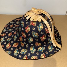 Vintage Bamboo & Fabric Folding Fan Hat Elephant Print Chinese