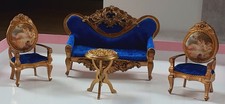 Dolls House 12th Settee Armchairs With  Table. ( Blue )